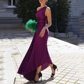 ONE SHOULDER PLEATED SOLID DRESS