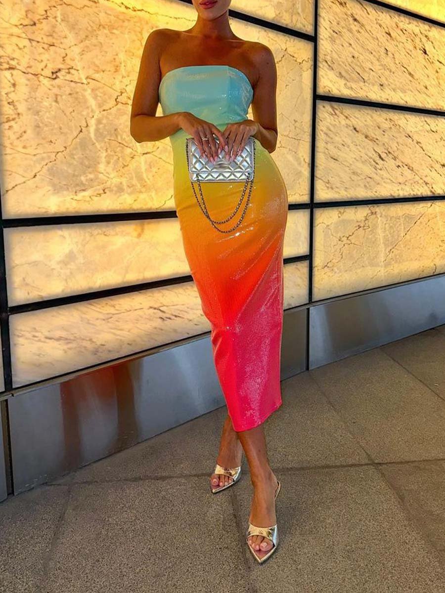 Strapless Rainbow Gradient Sequin Dress