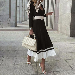 Elegant Knitted A-line Patchwork Sweater Dress Women Casual V-neck High Waist Pleated Dress