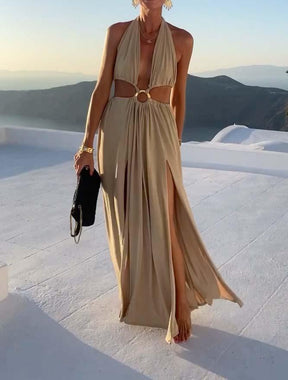 V-Neck Hollow Strap Double Slit Dress