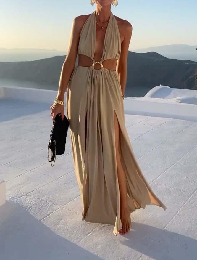 V-Neck Hollow Strap Double Slit Dress