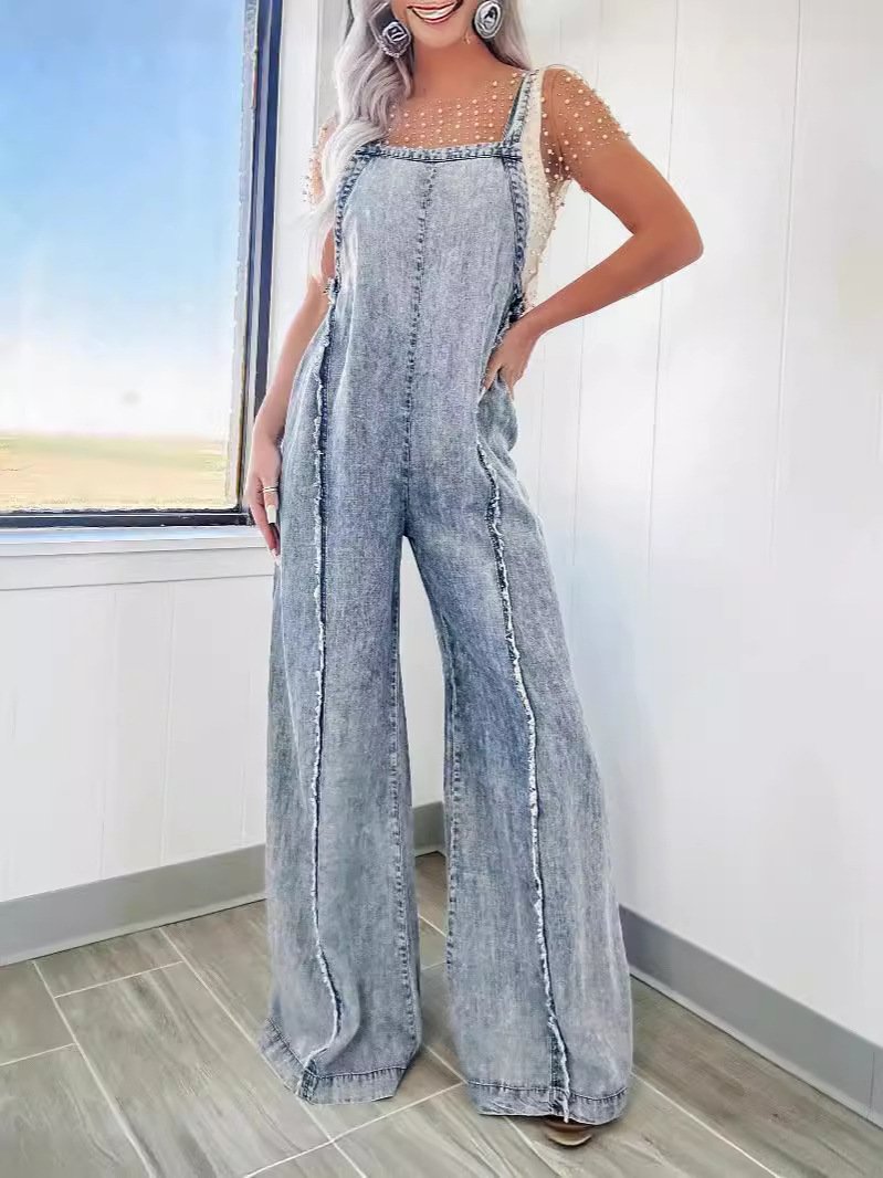 Raw Edge Wide Leg Overalls