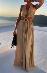 V-Neck Hollow Strap Double Slit Dress