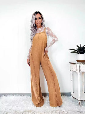 Raw Edge Wide Leg Overalls