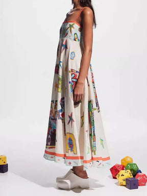 Graffiti cotton and linen print suspender dress