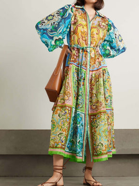 Dreamer belted printed ramie maxi shirt dress