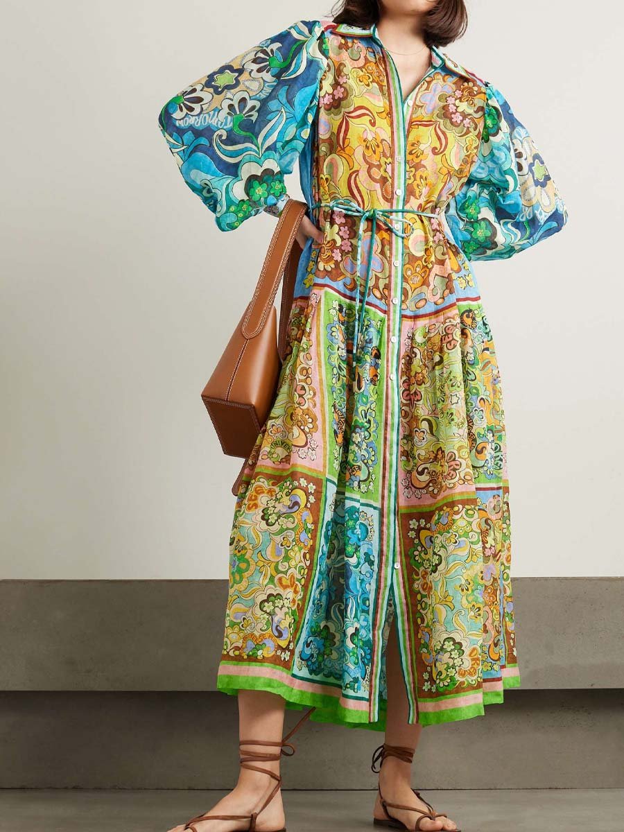 Dreamer belted printed ramie maxi shirt dress