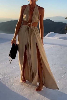 V-Neck Hollow Strap Double Slit Dress