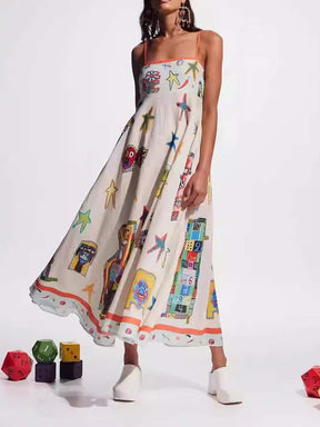 Graffiti cotton and linen print suspender dress