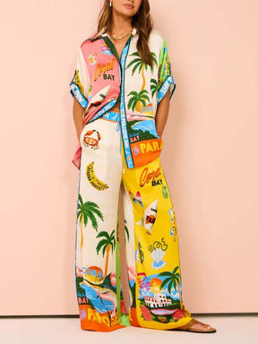 Graffiti print satin casual two-piece suit