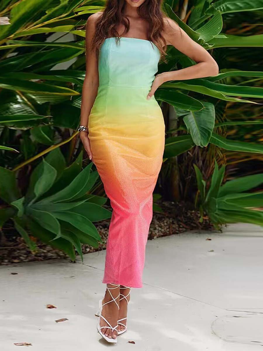 Strapless Rainbow Gradient Sequin Dress