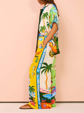 Graffiti print satin casual two-piece suit