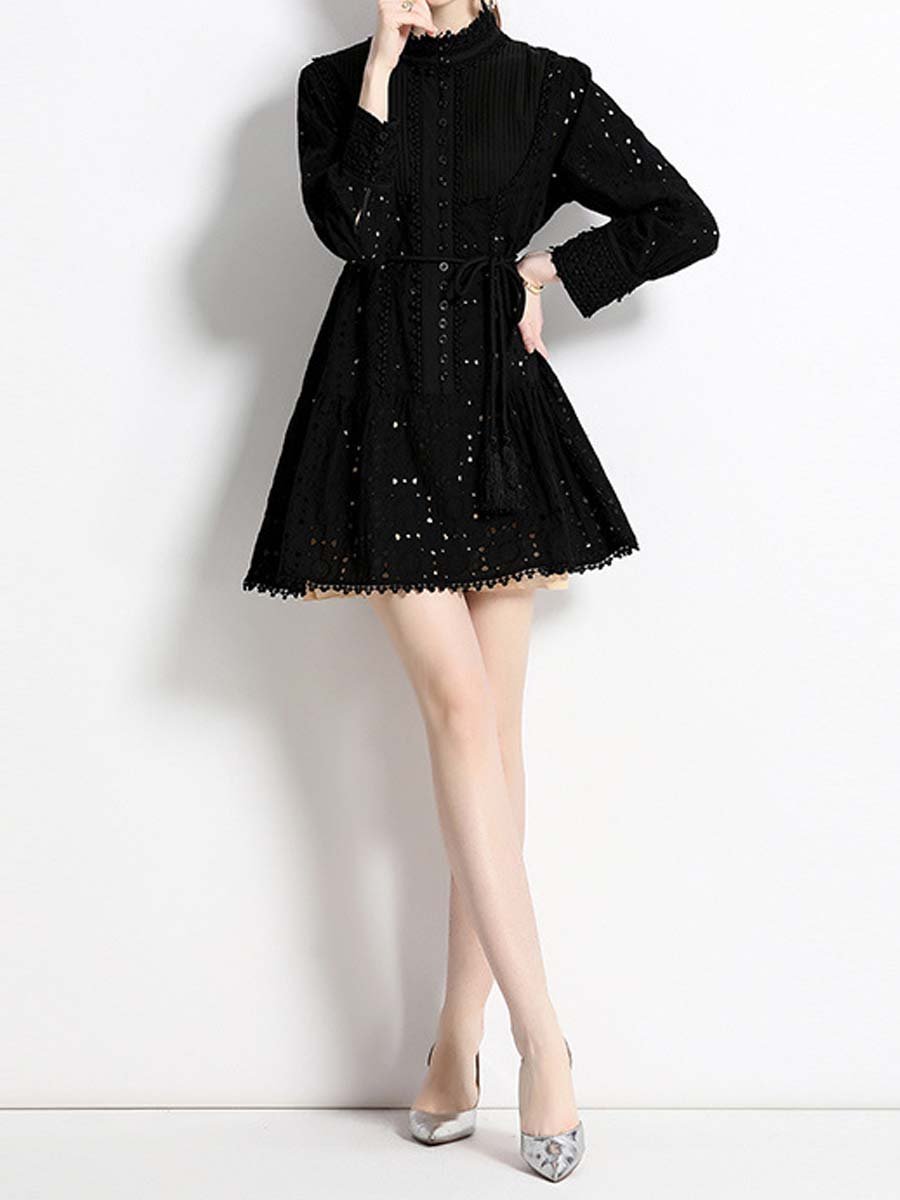 Stand Collar Hollow Lantern Sleeves Dress