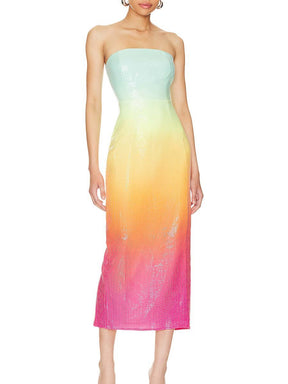 Strapless Rainbow Gradient Sequin Dress