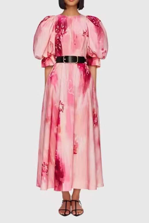 Round Neck Bubble Sleeve Pink Print Dress