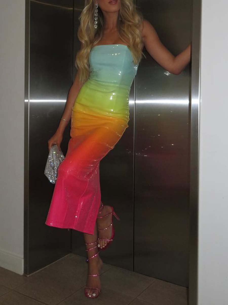 Strapless Rainbow Gradient Sequin Dress