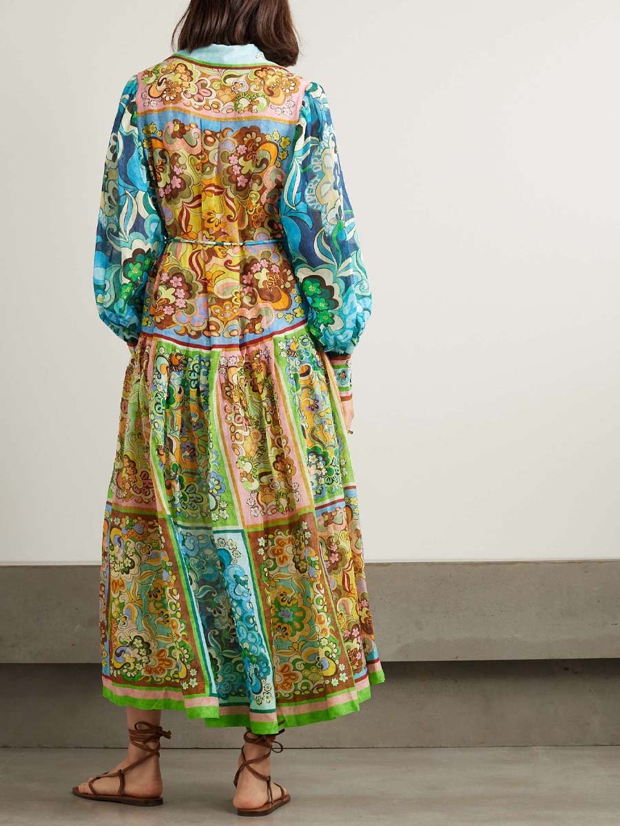 Dreamer belted printed ramie maxi shirt dress