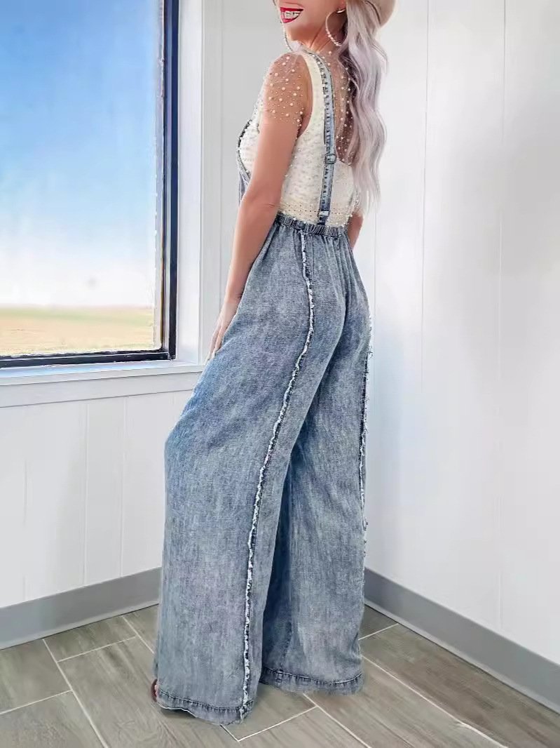 Raw Edge Wide Leg Overalls