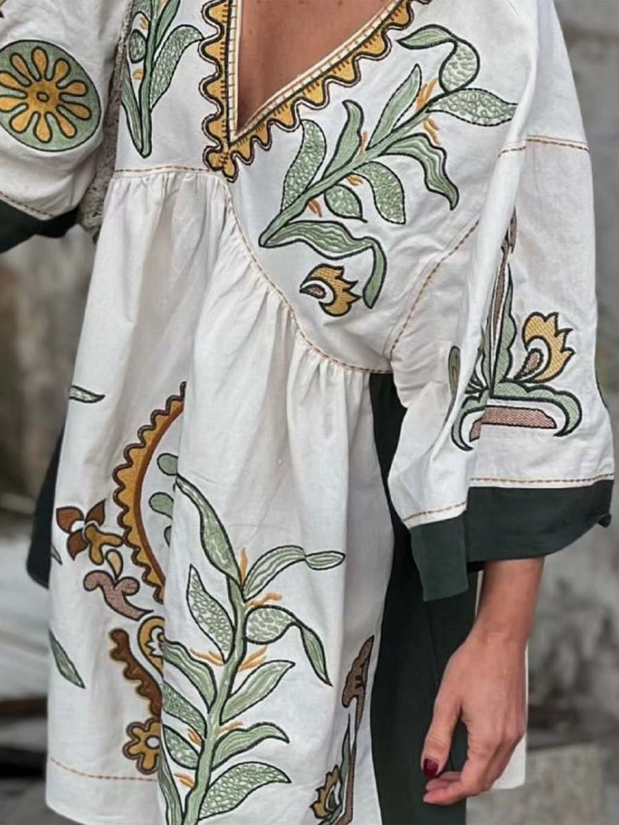 V-neck cotton embroidered loose dress