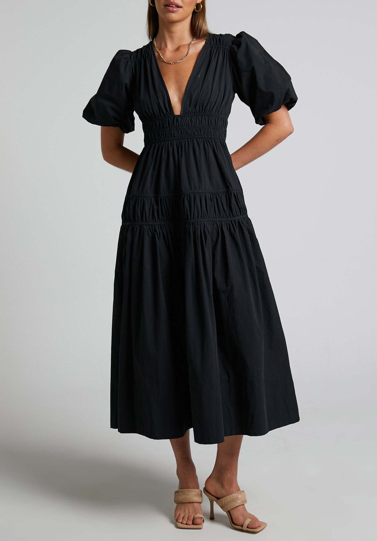 PUFF SLEEVE PLUNGE TIERED DRESS