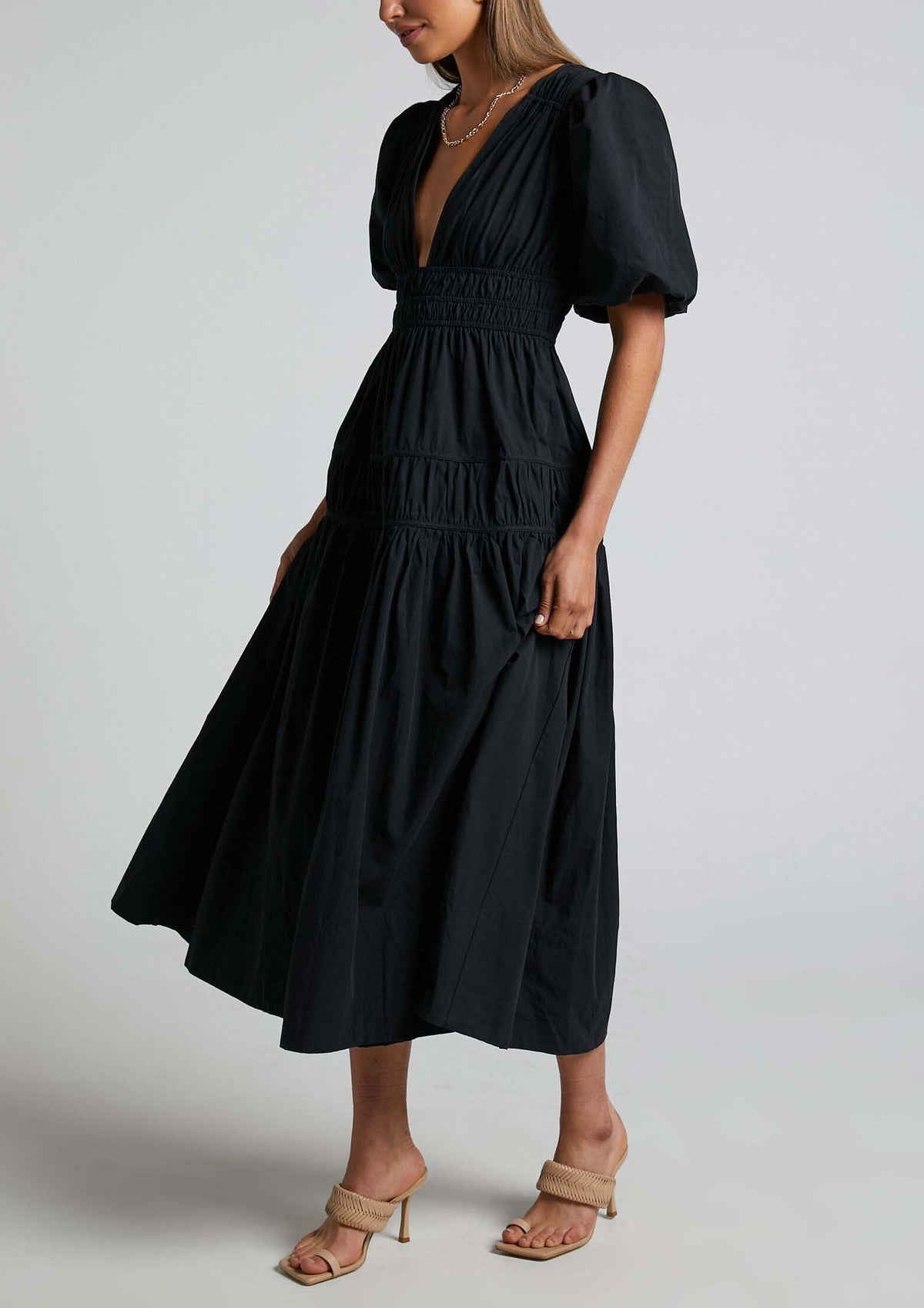 PUFF SLEEVE PLUNGE TIERED DRESS