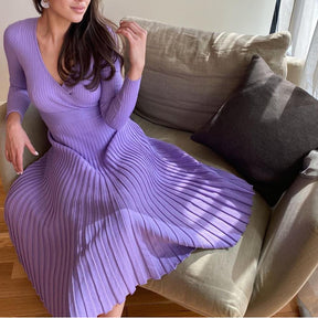 Elegant Knitted A-line Patchwork Sweater Dress Women Casual V-neck High Waist Pleated Dress