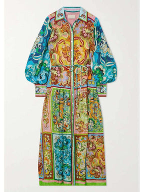 Dreamer belted printed ramie maxi shirt dress