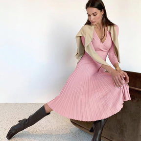 Elegant Knitted A-line Patchwork Sweater Dress Women Casual V-neck High Waist Pleated Dress