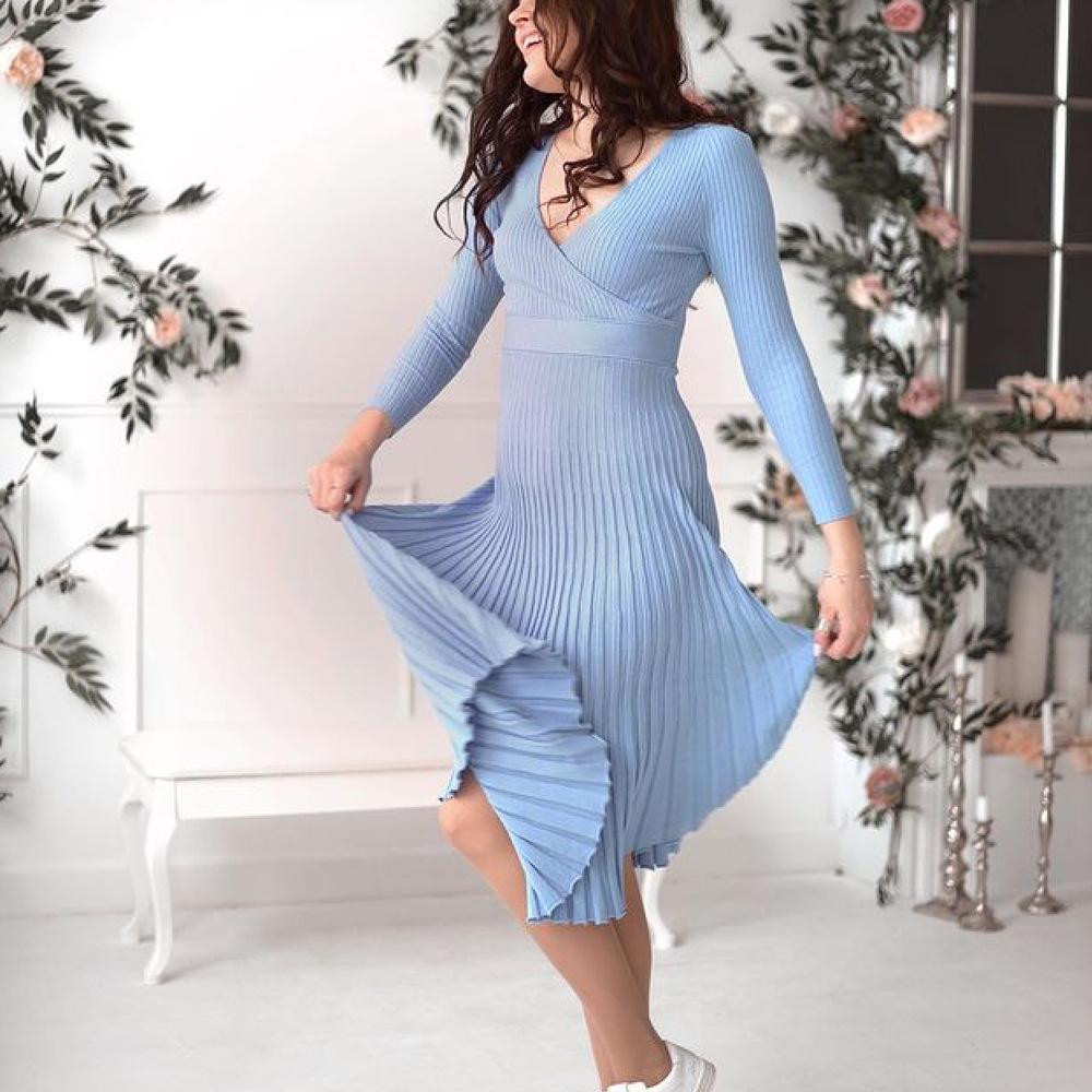 Elegant Knitted A-line Patchwork Sweater Dress Women Casual V-neck High Waist Pleated Dress