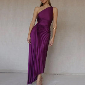 ONE SHOULDER PLEATED SOLID DRESS