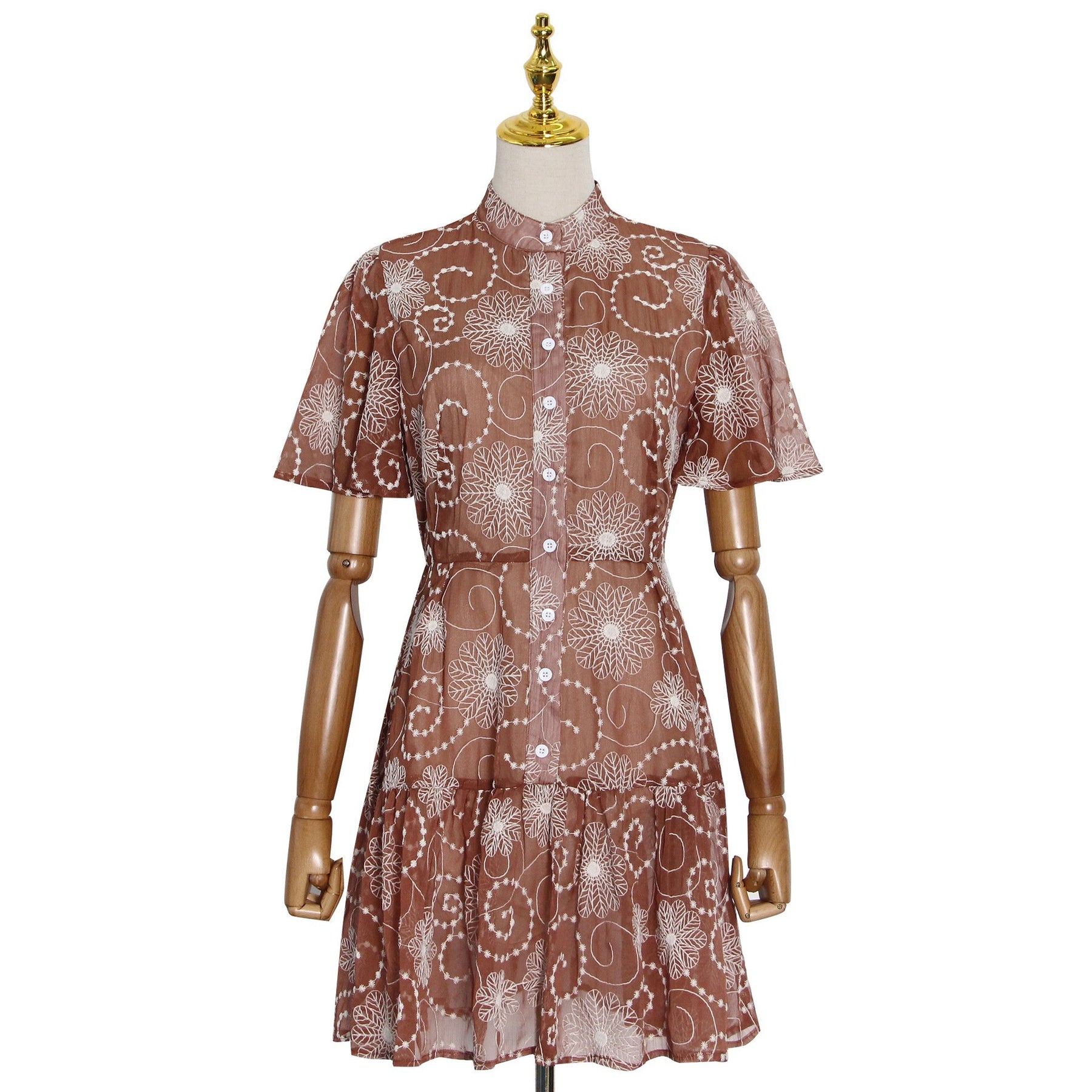 New Arrival Elegant Stand Collar Short Sleeve Printed Short Dress