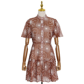 New Arrival Elegant Stand Collar Short Sleeve Printed Short Dress