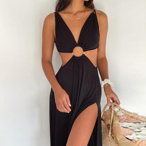 V-Neck Hollow Strap Double Slit Dress