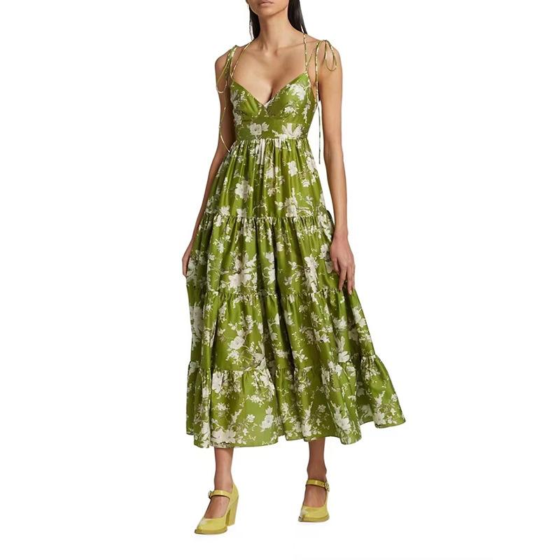 V-Neck Sexy Strap Print Midi Dress