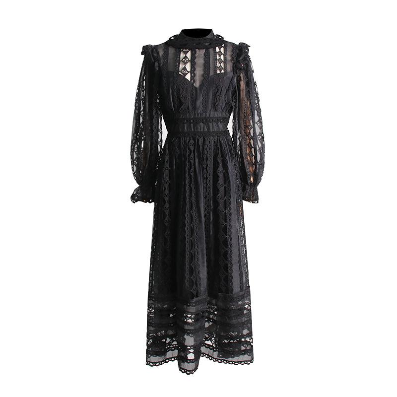 Lapel lantern sleeves embroidered hollow solid color dress