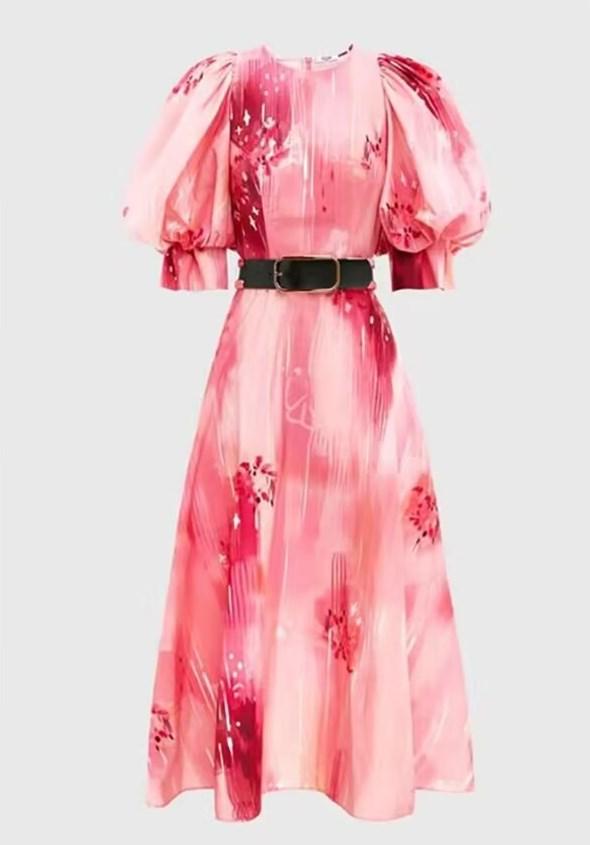 Round Neck Bubble Sleeve Pink Print Dress