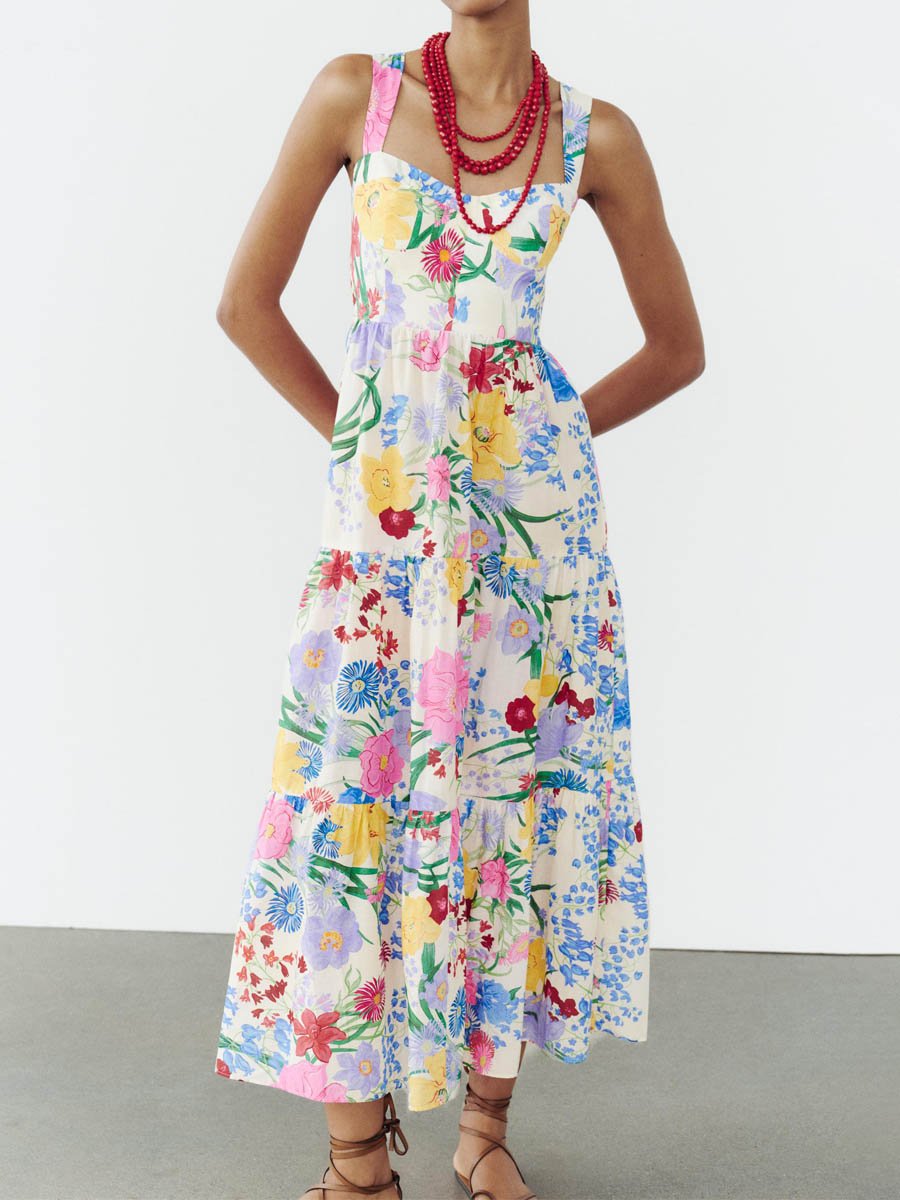Wide Straps Floral-print Dress