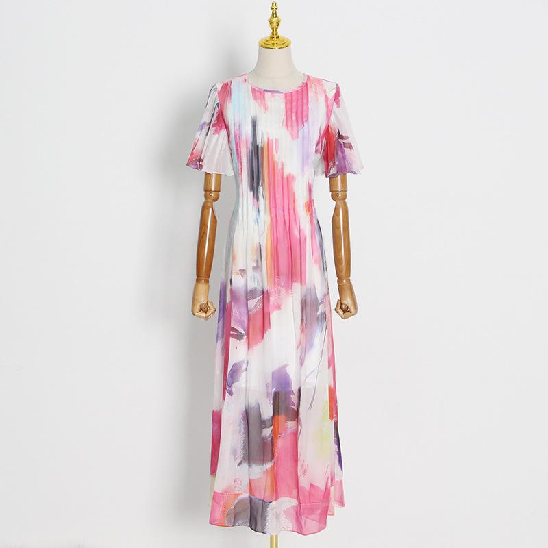 Printed Ruffle Trim Pleated Dress