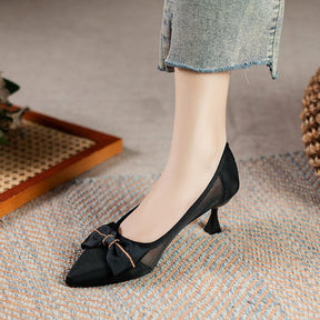 Bow shallow mouth mesh loafers