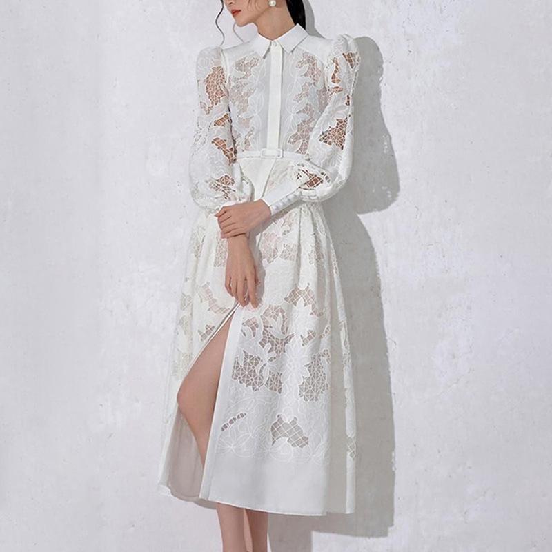 Stand Collar Long Sleeve Suspender Lined Mesh Hollow Dress