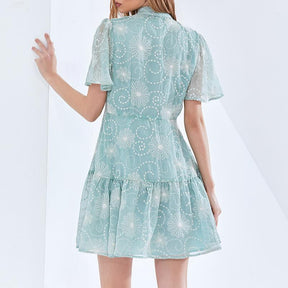 New Arrival Elegant Stand Collar Short Sleeve Printed Short Dress