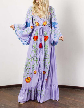 Bohemian Colorful Embroidered Maxi Dress