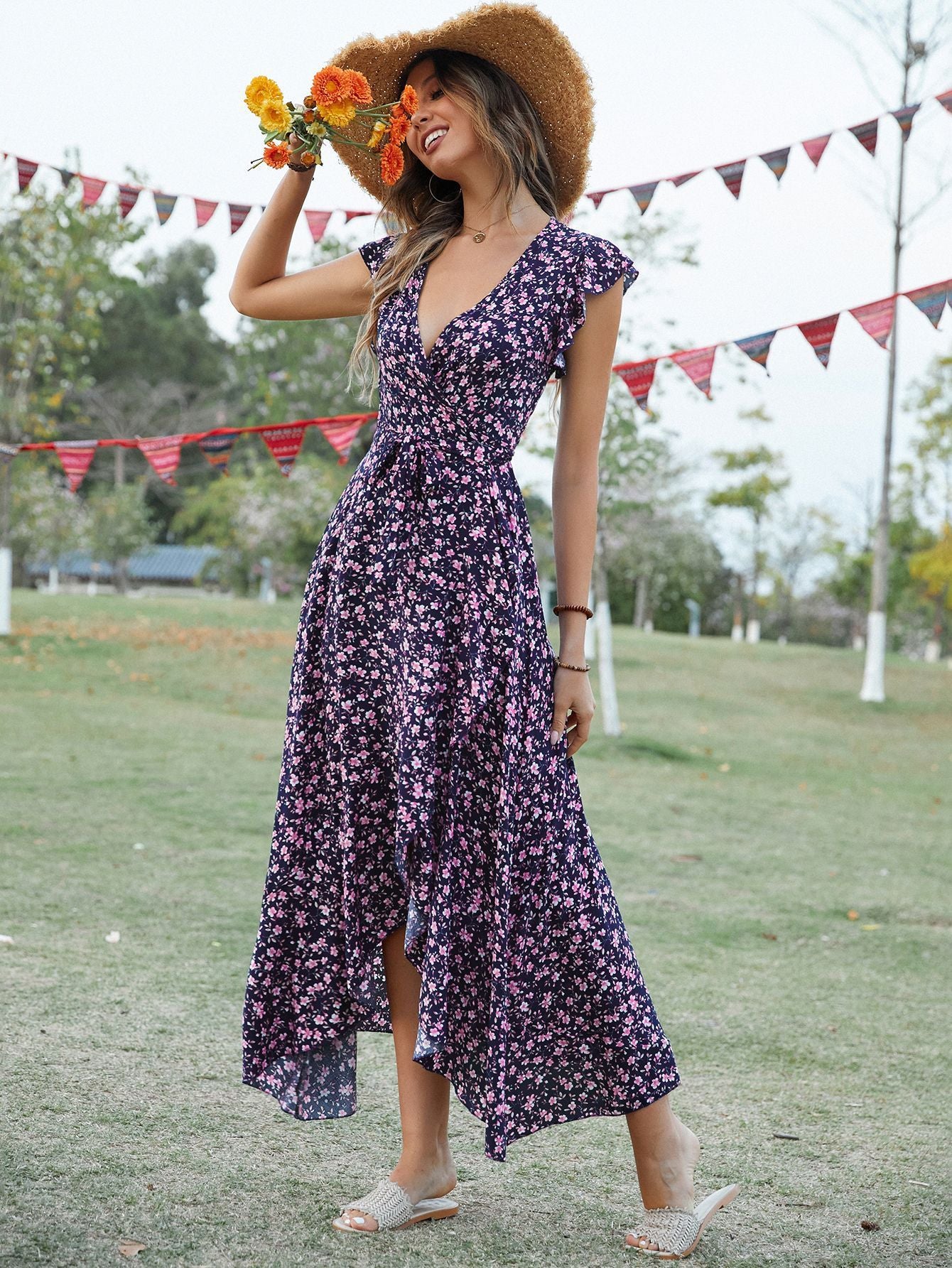 V-Neck Tie Print Dress