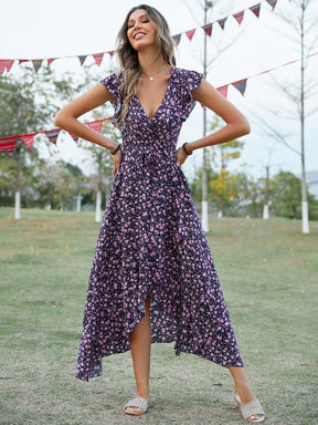 V-Neck Tie Print Dress