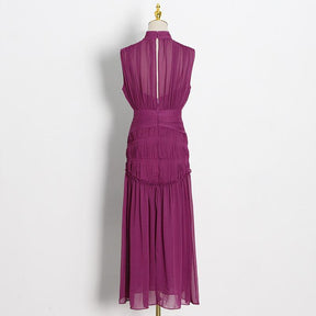 Chiffon Stand Collar Solid Color Stitching Slim Dress