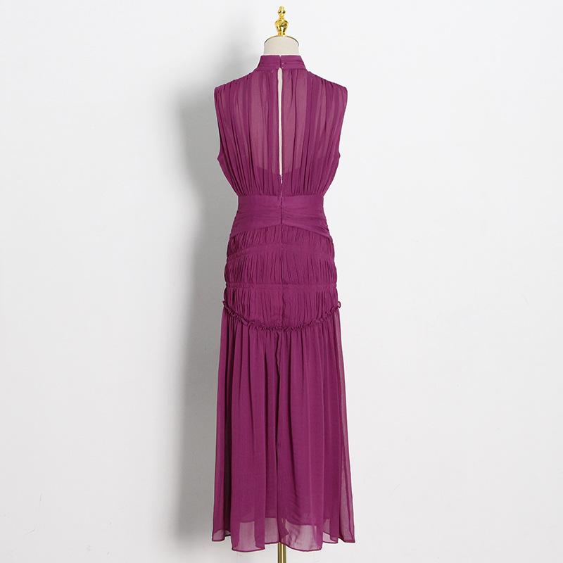 Chiffon Stand Collar Solid Color Stitching Slim Dress