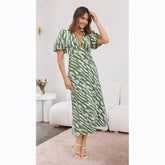 Printed V-Neck A-Line Midi Dress