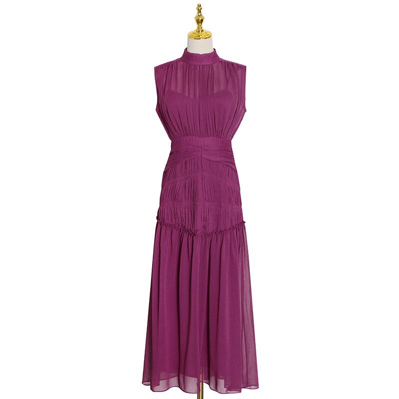 Chiffon Stand Collar Solid Color Stitching Slim Dress