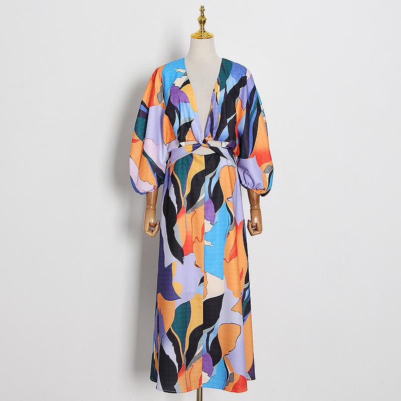 V-neck Color Block Print Dress