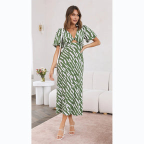 Printed V-Neck A-Line Midi Dress